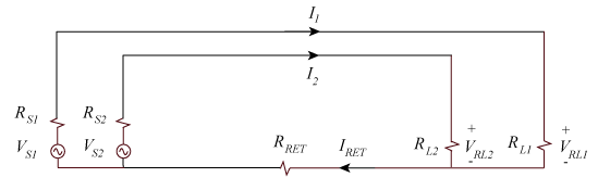 Two circuits sharing a common signal return wire