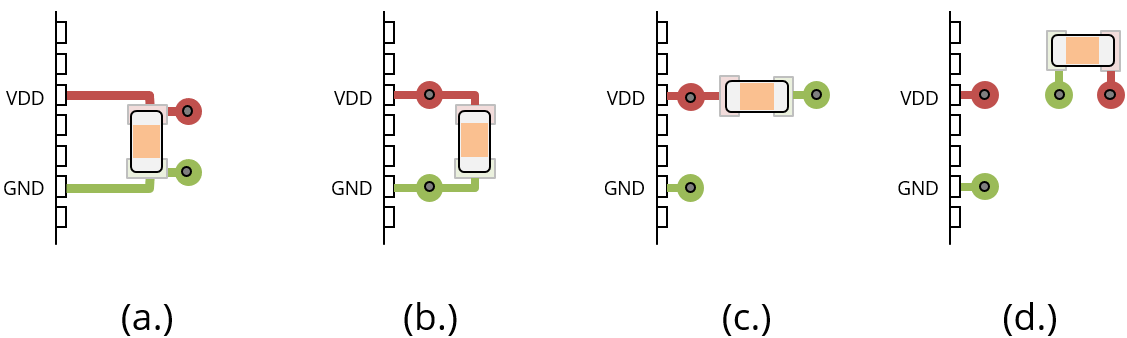 Four options for connecting a decoupling capacitor that are not equally good.