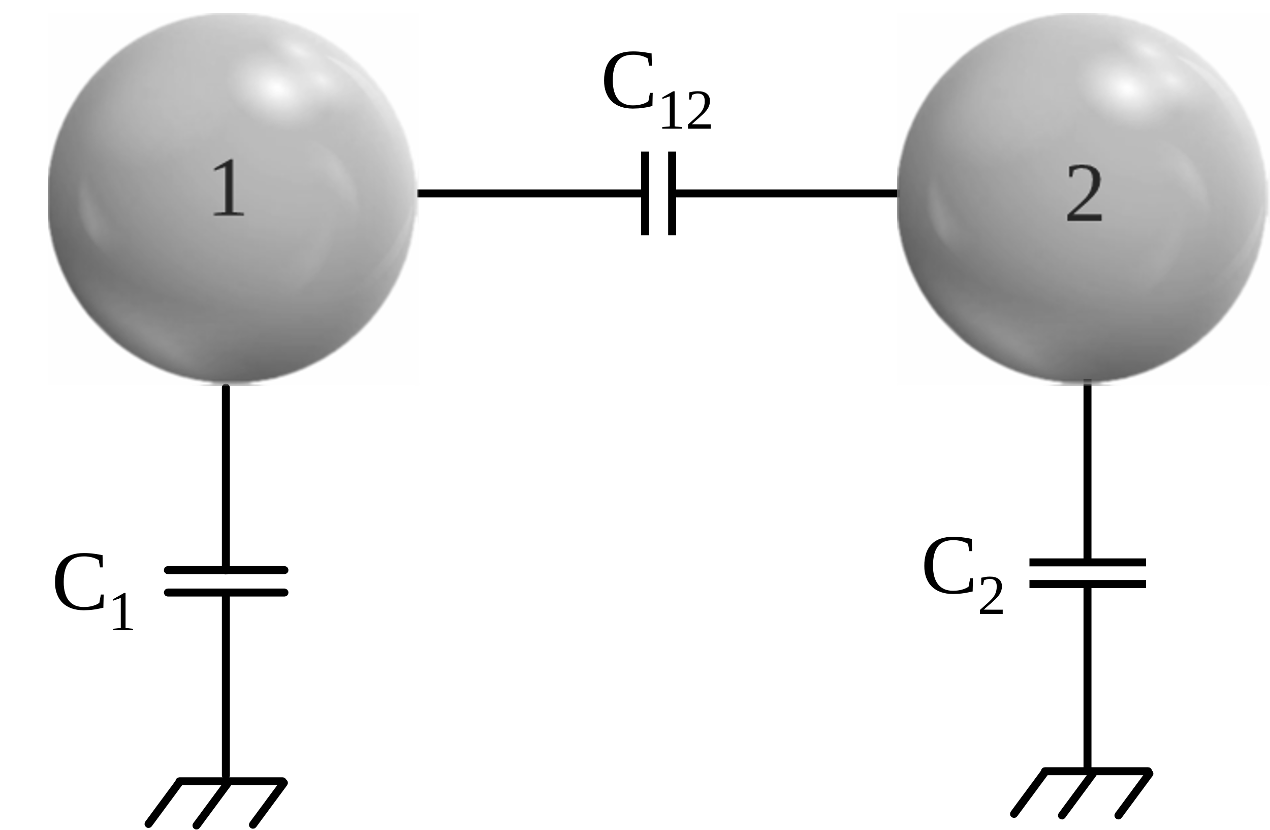 two spheres with a capacitance between them and capacitances to ground