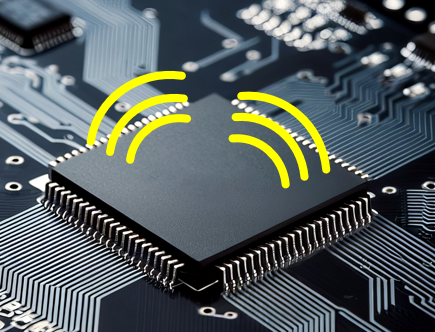 illustration of radio waves emanating from a microprocessor